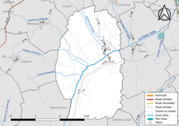 Carte en couleur présentant le réseau hydrographique de la commune