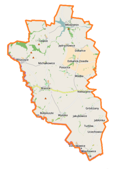 Mapa konturowa gminy Branice, u góry nieco na prawo znajduje się punkt z opisem „Dzbańce”