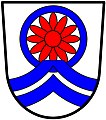 a chevron ecimé - Argent, at honour point a daisy gules within an annulet, over all a chevron ecimé embowed, in base a chevron embowed azure - Bergsigskool, RSA