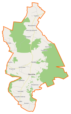 Mapa konturowa gminy Mycielin, na dole nieco na lewo znajduje się punkt z opisem „Elżbietów”