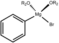 Structuurformule van fenylmagnesiumbromide met twee complexerende ethermoleculen