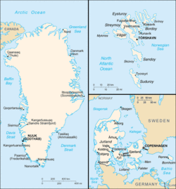 Clockwise from bottom right (sizes not to scale): Maps of Denmark (Northern Europe), Greenland (North Atlantic and Arctic) and the Faroe Islands (North Atlantic).