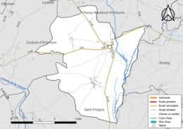 Carte en couleur présentant le réseau hydrographique de la commune