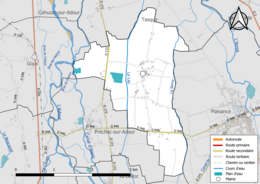 Carte en couleur présentant le réseau hydrographique de la commune