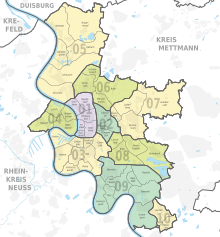 Distrikte en stadsdeile vaan Dusseldörp. De ciefers op de kaart correspondere mèt die in de tabèl.