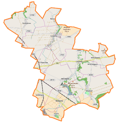 Mapa konturowa gminy Mściwojów, na dole po prawej znajduje się punkt z opisem „Targoszyn”