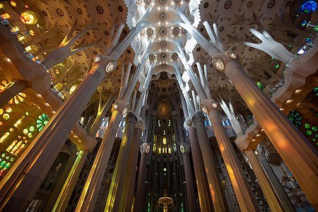 Nave da Basílica da Sagrada Família, com pilares arborescentes e teto com paraboloides hiperbólicos