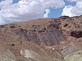 An exposed reverse fault plane with large slickenlines. Gobi, Mongolia.