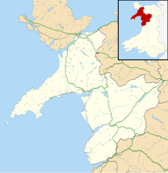 Mapa konturowa Gwynedd, w centrum znajduje się punkt z opisem „Porthmadog”