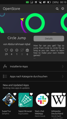 creenshot auf dem der Openstore von Ubuntutouch zu sehen ist. Im oberen bereich wird groß eine App präsentiert darunter kann man installierte Apps ansehen, in der nächsten Zeile kann man Apps nach Kategorien suchen und in der unteren großen Zeile werden neue Apps oder Apps die gerade aktualisiert wurden präsentiert.