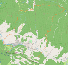 Mapa konturowa Szczawnicy, u góry nieco na lewo znajduje się punkt z opisem „źródło”, natomiast blisko centrum na lewo u góry znajduje się punkt z opisem „ujście”