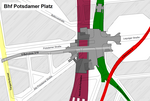 Karta över stationen: regionaltåg (lila), pendeltåg (grön), tunnelbana (röd), station för framtida linje U10 (grå).