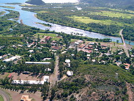 An aerial view of the village of Thio