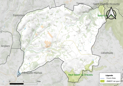 Carte des ZNIEFF de type 2 sur la commune.