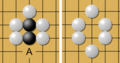 Image 1The Black stone group has only one liberty (at point A), so it is very vulnerable to capture. If Black plays at A, the chain would then have 3 liberties, and so is much safer. However, if White plays at A first, the Black chain loses its last liberty, and thus it is captured and immediately removed from the board, leaving White's stones as shown to the right. (from Go (game))