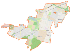 Mapa konturowa gminy Michałowice, blisko centrum na dole znajduje się punkt z opisem „Pęcice Małe”