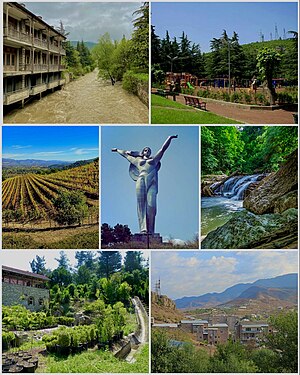 From top left: Aghstev River • Ijevan central park Ijevan Vineyards • Mother Armenia Ijevan Wildlife Sanctuary • Ijevan Dendropark Ijevan skyline and Gugark mountains