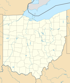 Mapa konturowa Ohio, na dole nieco na prawo znajduje się punkt z opisem „Coolville”