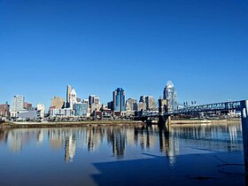 Cincinnati, Ohio, skyline showing the John A. Roebling Suspension Bridge to Covington, Kentucky