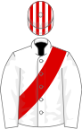 White, red sash, red and white striped cap