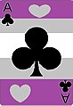 An ace of clubs used to symbolize gray asexuality and grayromanticism; note that it is colored like the graysexual flag and has gray hearts to symbolize grayromanticism, hearts being a traditional symbol of romance.