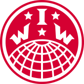 Globe logo with the letters I.W.W. separated by three stars. Encircled by the name, "Industrial Workers of the World."