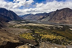 Nubra Valley with Diskit Gompa and town immediately below and Hunder in the distance