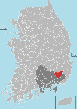 Miryangs läge i Södra Gyeongsang och Sydkorea.