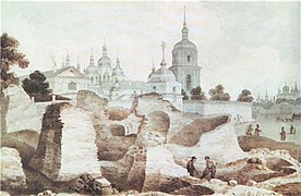 Irynynska Cathedral [uk] with Saint Sophia Cathedral, Kyiv, in the background, 1846.