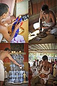 I-2 Four activities of a Hindu priest: Top left: Preparing the deity for public worship: Top Right: Making sandlewood paste for ritual blessing; Bottom left: successively dripping the alter with milk, honey, dry fuit, yoghurt and bananas to make holy ambrosia, and distributing the prasadam, food blessed by the deity, to the worshippers.