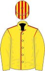 Yellow, red seams on body, striped cap