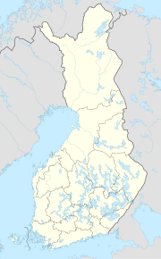 Mapa konturowa Finlandii, blisko dolnej krawiędzi znajduje się punkt z opisem „Katedra w Espoo”