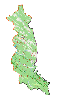 Mapa konturowa powiatu bieszczadzkiego, na dole po prawej znajduje się punkt z opisem „Tarnawa Wyżna”