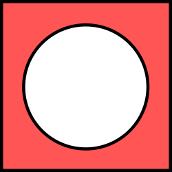 An unfilled circle inside a square. The area inside the square not covered by the circle is filled with red. The borders of both the circle and the square are black.