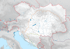 Mapa konturowa Austrii, po prawej nieco u góry znajduje się punkt z opisem „miejsce bitwy”