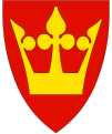 A golden crown appears prominently in the arms of Vestfold, a county in Norway.