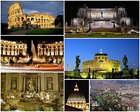 Mga lantaw han Roma, tikang ha igbaw nga wala tipa-tuo: an Colosseo, an Monumento kan Vittorio Emanuele II, an Castel Sant'Angelo, usa nga lantaw tikang ha kalangitan han butnga nga tikang ha kaagi han syudad, an kupola han Basilica ni San Pedro, an Fontana Trevi, an Piazza della Repubblica.