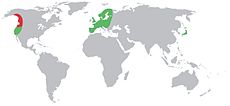 Distribución de Pacifastacus leniusculus. En rojo, distribución originaria; en verde, zonas donde la especie ha sido introducida.[1]​[2]​[3]​[4]​