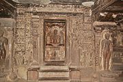 Jain Tirthankara Mahavira with Yaksha Matanga and Yakshi Siddhaiki at Ellora Caves