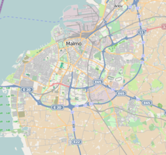 Mapa konturowa Malmö, u góry znajduje się punkt z opisem „Kościół św. Piotra w Malmö”