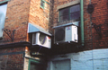 A picture of a Mitsubishi and LG Electronics Air conditioning unit at a Banbury shopping mall in the year 2010.