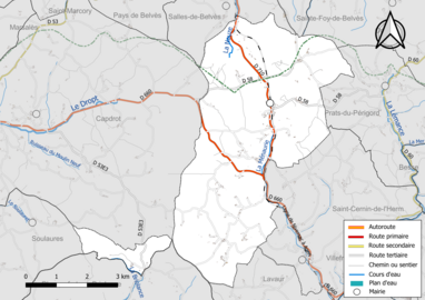 Carte en couleur présentant le réseau hydrographique de la commune