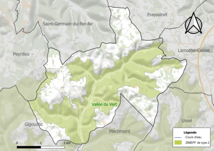 Carte de la ZNIEFF de type 2 sur la commune.