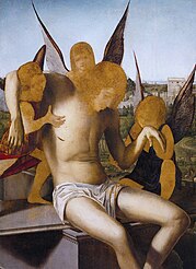 Antonello de Messine, Christ mort soutenu par trois anges, 1475, huile sur bois, 117 × 85 cm, Venise, musée Correr.