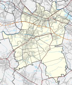 Mapa konturowa Katowic, blisko centrum u góry znajduje się punkt z opisem „Muchowiec”