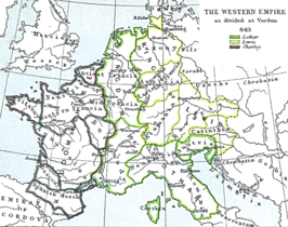 La Okcidenta Imperio, kiel dividita je Verdun, 843. De la Atlaso de Freeman Historia Geografio, redaktita de J.B. Bury, Longmans Green and Co. Tria Redakto 1903.