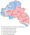 Ethnic map of Harghita, Covasna and Mureș based on the 2002 data, showing areas with Hungarian majority