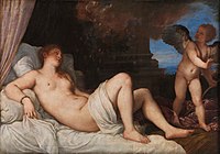 One of several variants by Titian, 1544. Cupid is alongside Danaë. 120 cm × 172 cm. National Museum of Capodimonte, Naples