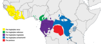 Área de distribución do Pan troglodytes (chimpancé común) e Pan paniscus (bonobo, en vermello).