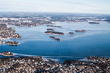 Flygfoto över Stora Värtan sett söderifrån.